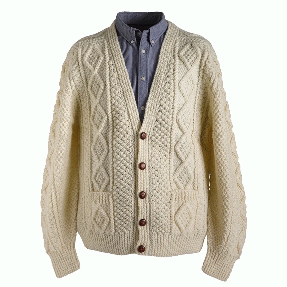 Vintage Men's Irish Knit V-Neck Aran Cardigan in Oatmeal